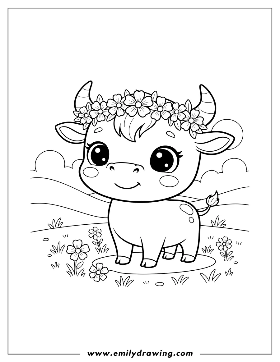 Printable coloring page of cute chibi smiling little bull with big round eyes, small horns, and a flower crown standing in a field