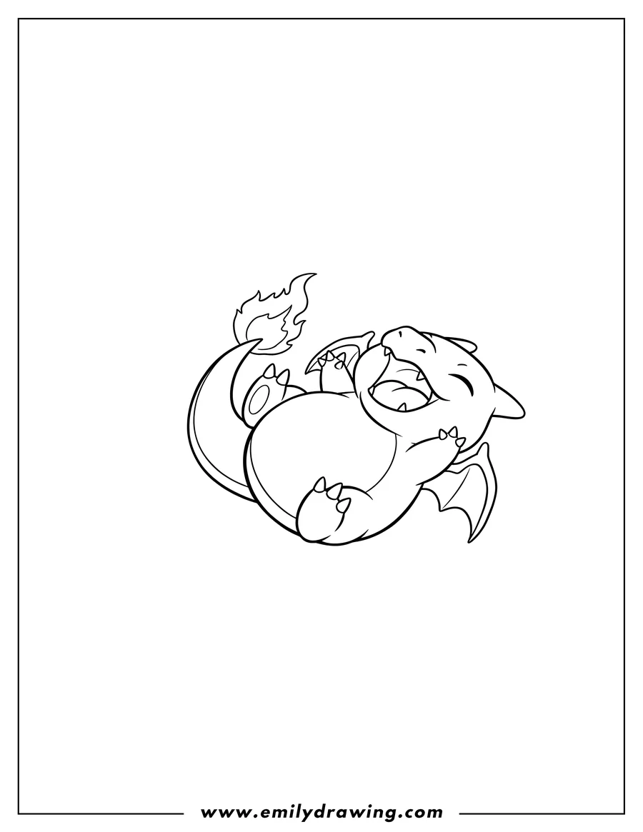 Black and white line art of cute Chibi Charizard lying down with mouth open and paws up