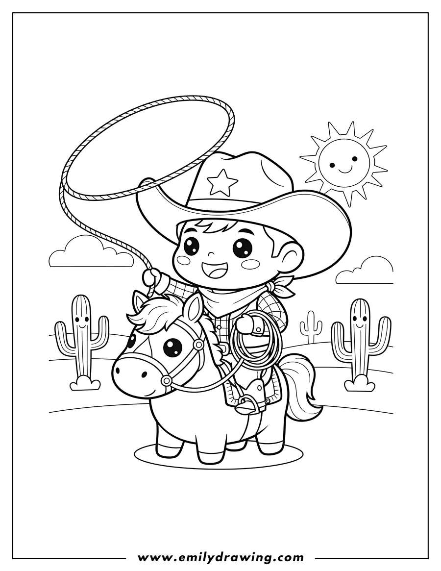 Coloring sheet featuring cute Chibi Cowboy riding a horse and swinging a lasso
