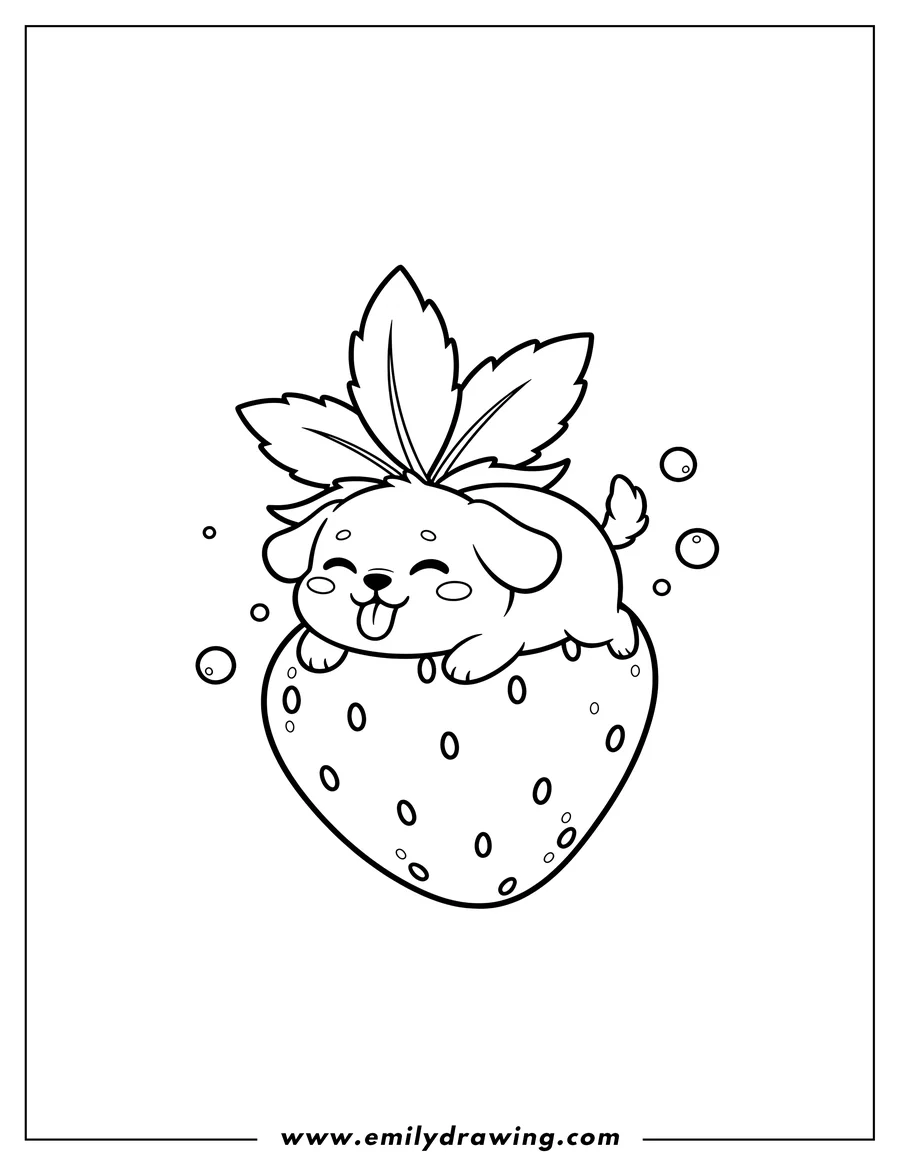 Printable coloring page of cute Chibi Dog Lying Happily on Strawberry with Tongue Out