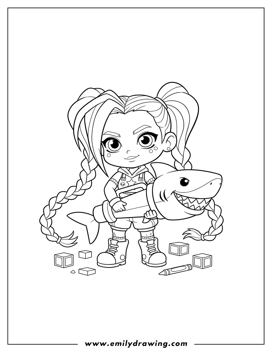 Vector style outline of cute Chibi League Legends Jinx Preschoolers, with long braided pigtails, holding one, and a shark rocket launcher