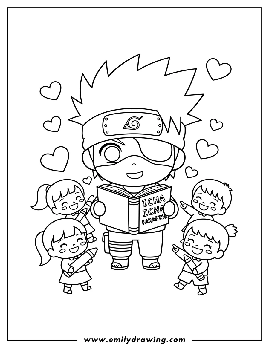 Clean line drawing: cute Chibi Kakashi reading an Icha Icha book, covering one eye with his hand, with hearts floating, preschoolers