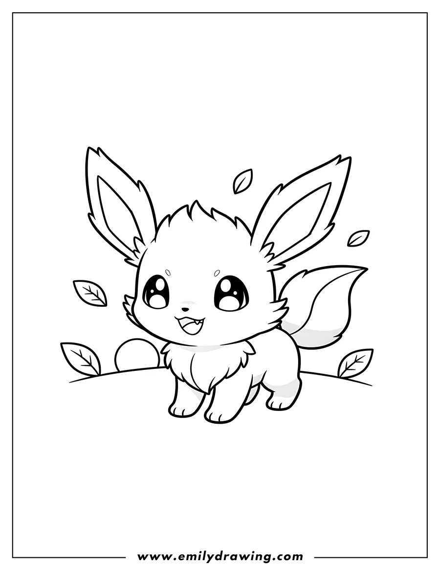Free to print drawing of cute Chibi Leafeon standing on all fours, smiling with one tooth