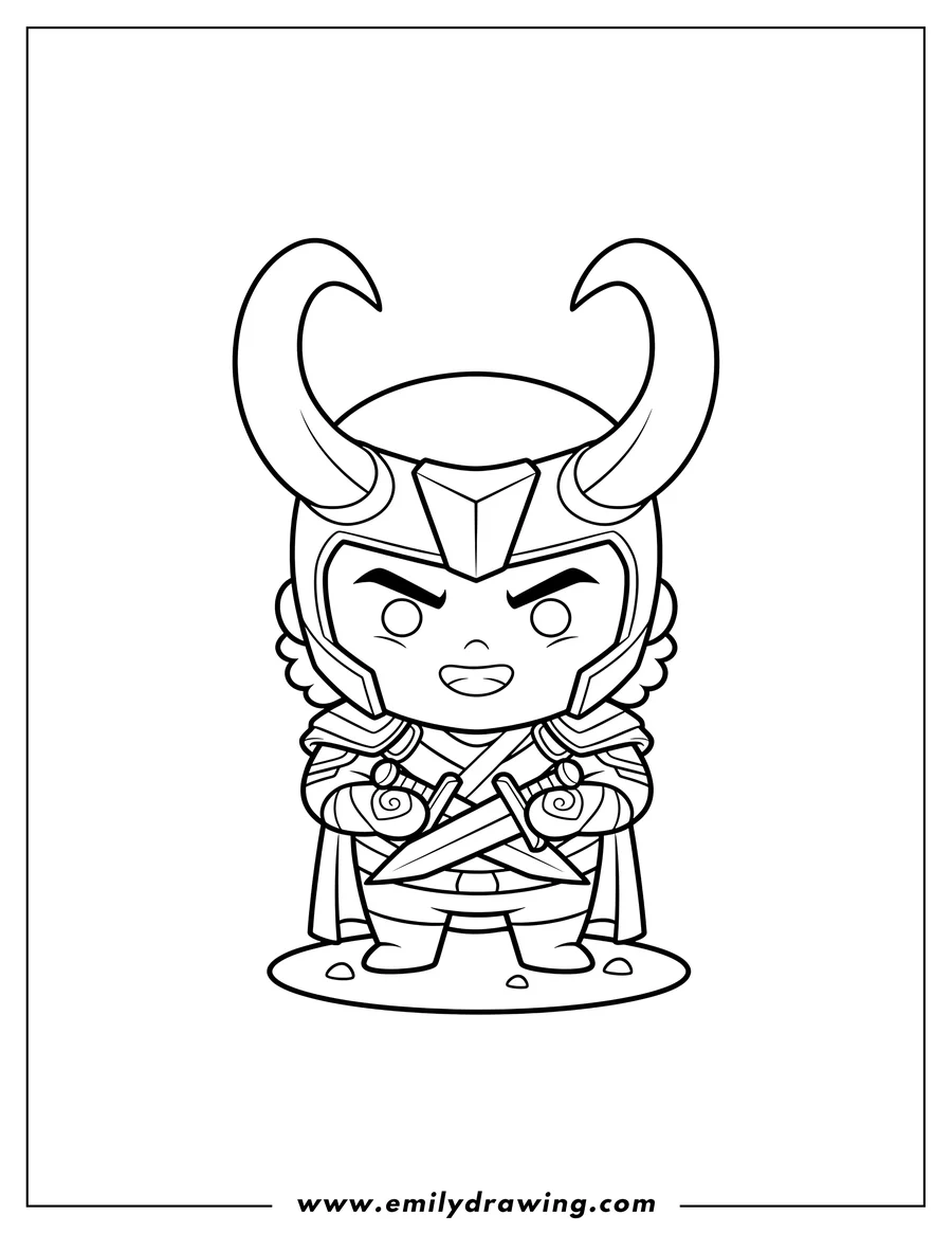 Free printable coloring sheet of cute Chibi Loki in armor with daggers