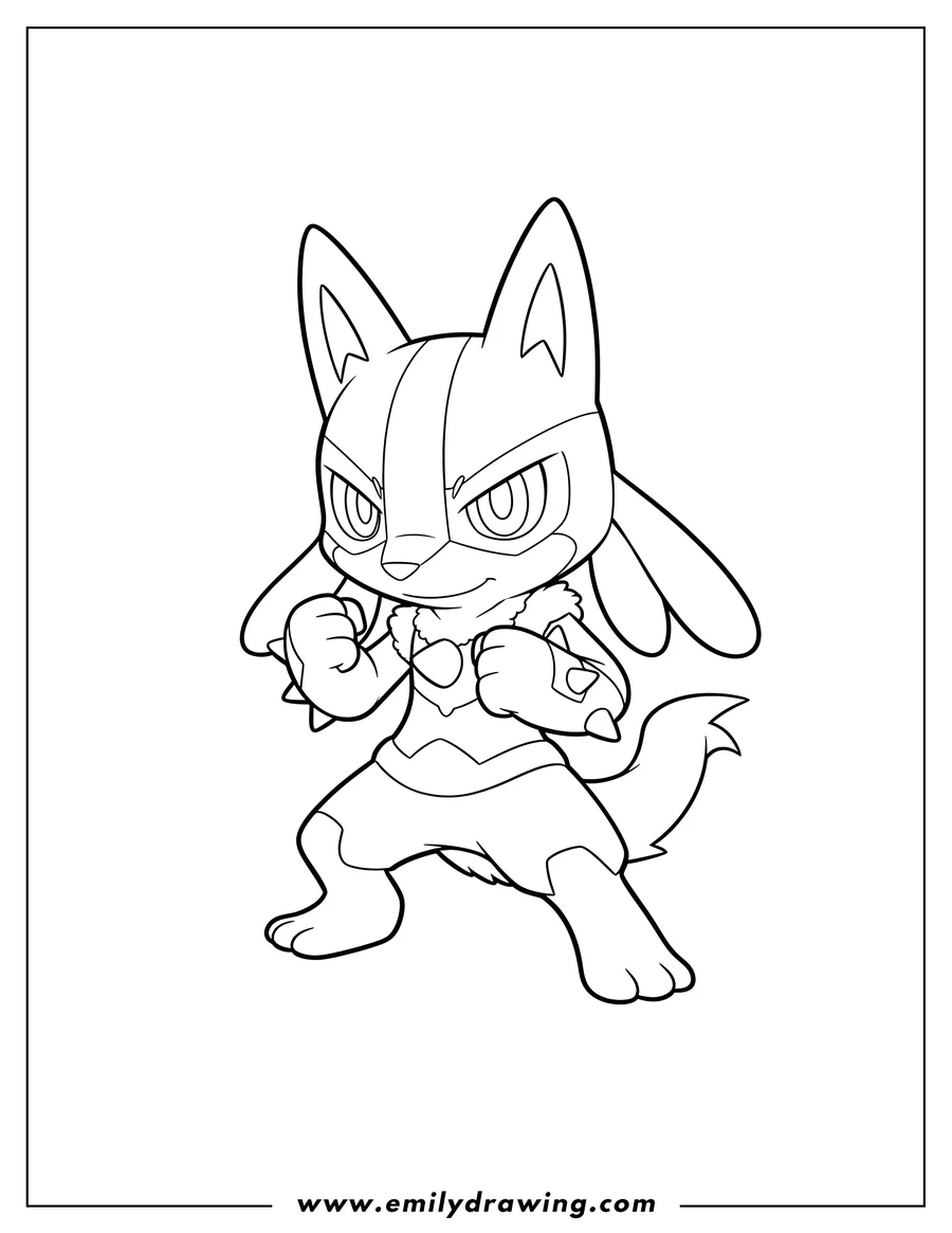 Printable coloring page of cute Chibi Lucario striking a dynamic fighting pose with clenched fists