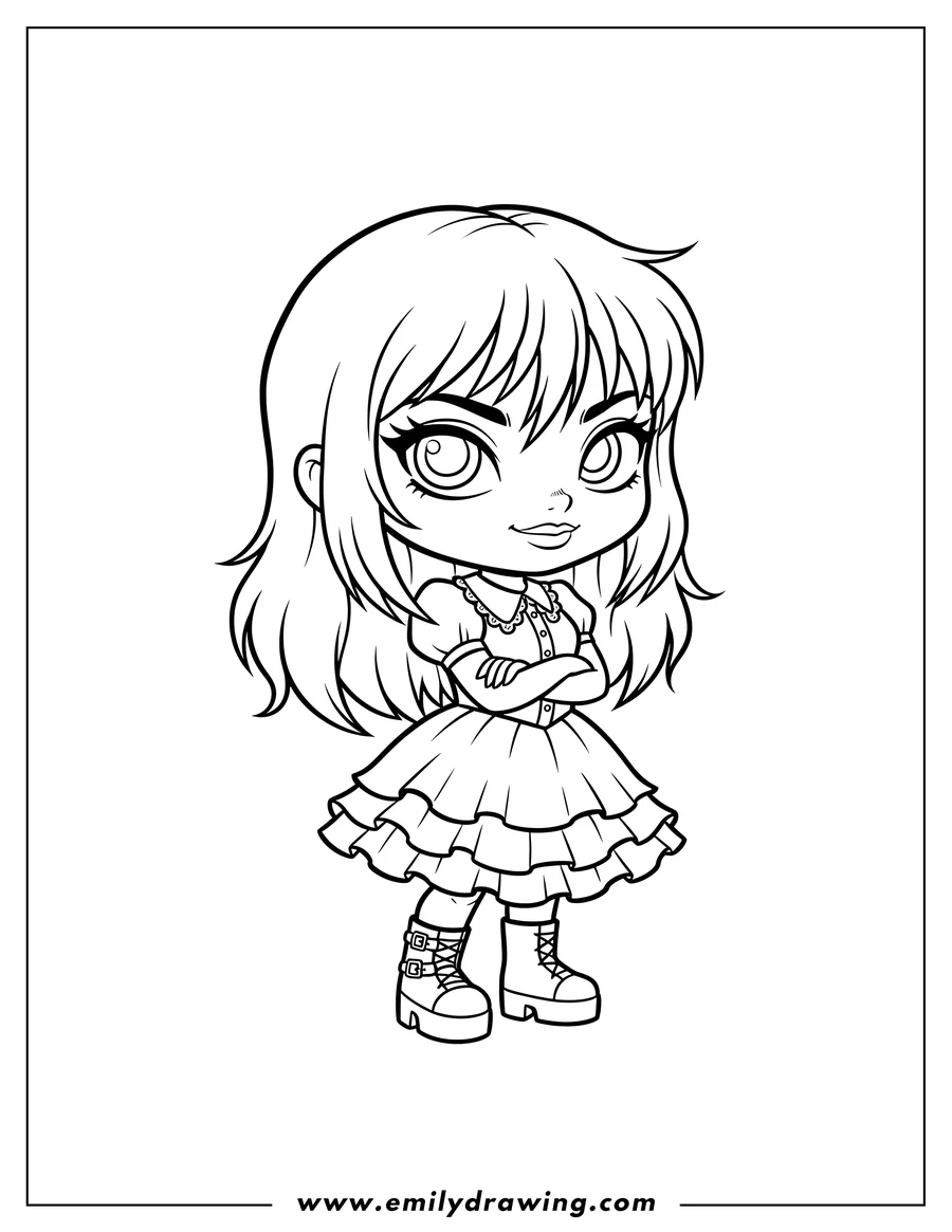 Black and white line art of cute Chibi Lydia Deetz standing with a smirk