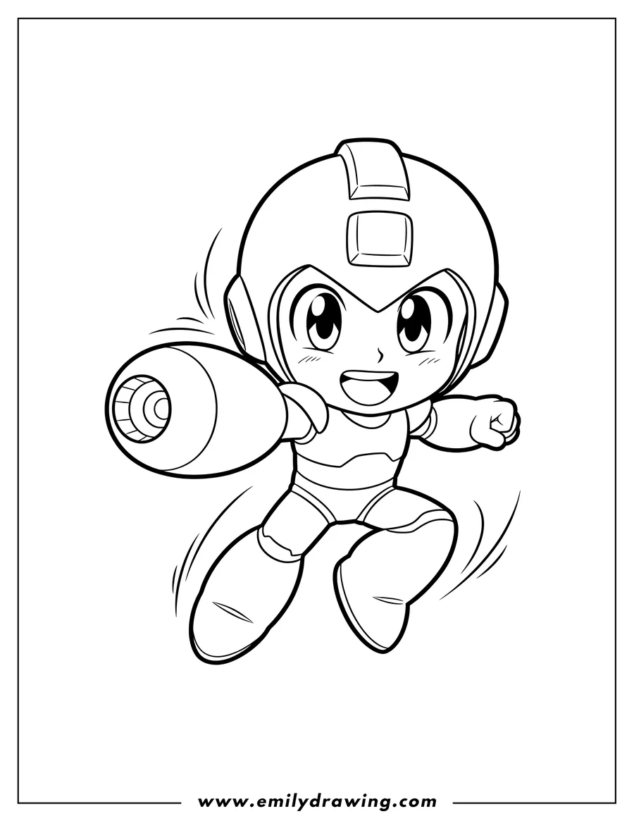 Outline drawing of cute Chibi Mega Man smiling and in an action pose, holding his arm cannon
