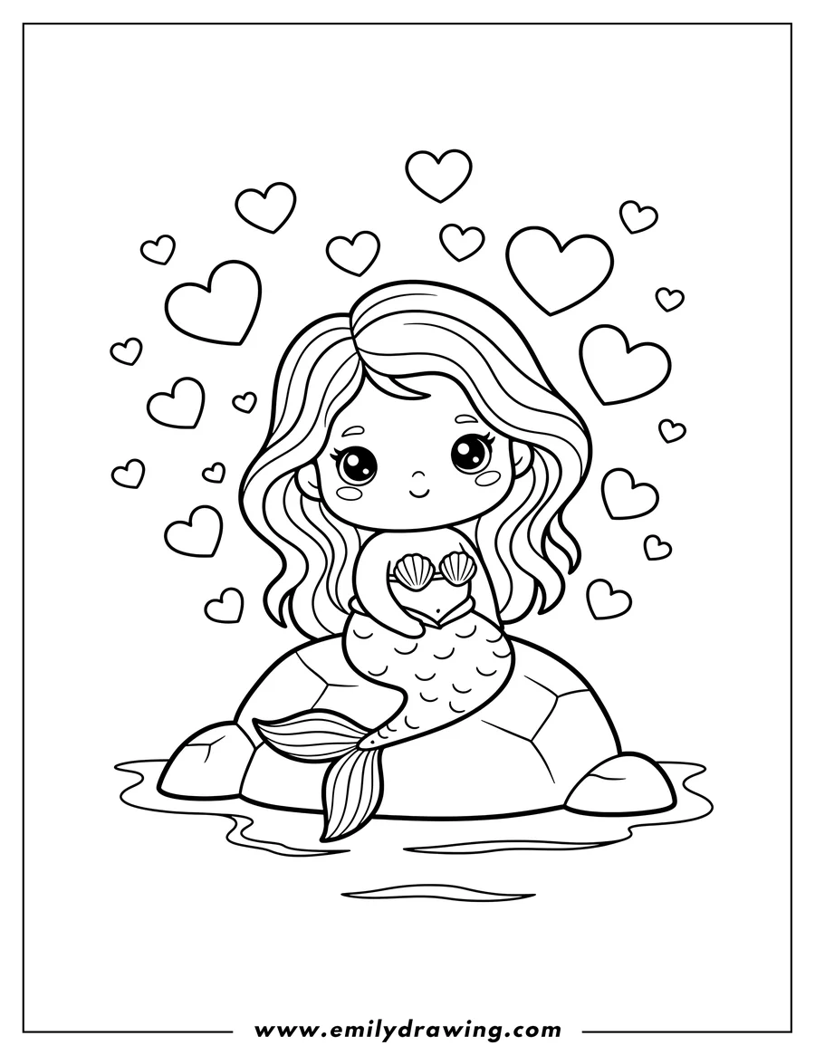 Printable coloring page of cute chibi mermaid sitting on a rock, wearing a shell top, with love hearts in the sky