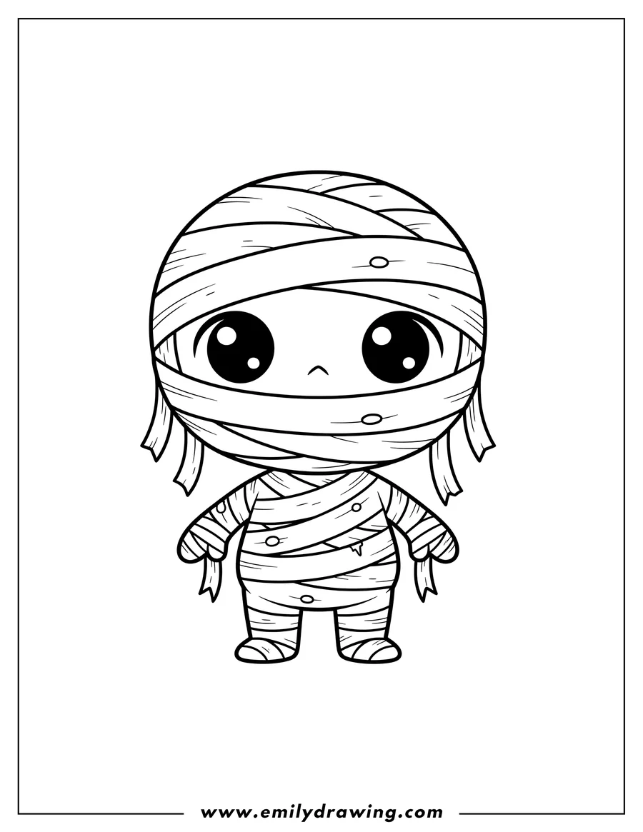 Free printable coloring sheet of cute Chibi Mummy standing with big eyes and tattered bandages