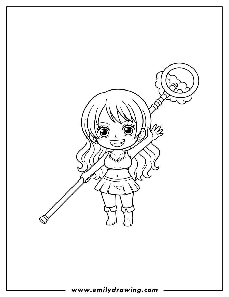 Linear illustration of cute Chibi Nami holding a staff and smiling