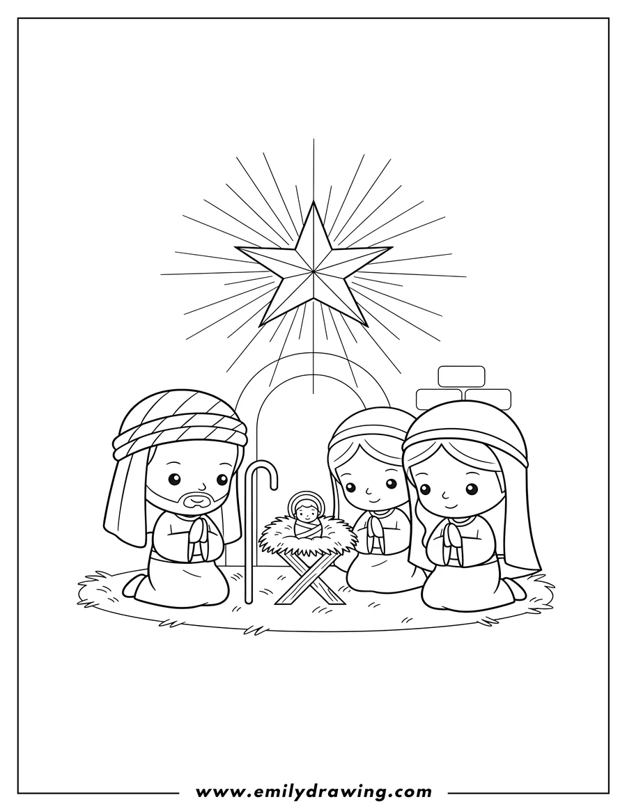 Simple sketch of cute Chibi Nativity With Star And Manger Preschoolers, featuring Joseph, Mary, and another woman praying around baby Jesus to color