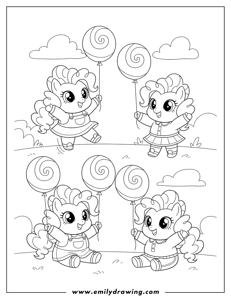 Full page coloring image of cute Chibi Pinkie Pie Preschoolers, smiling and holding balloons