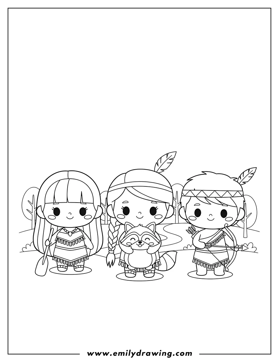 PDF style coloring page: cute Chibi Pocahontas Preschoolers holding a raccoon
