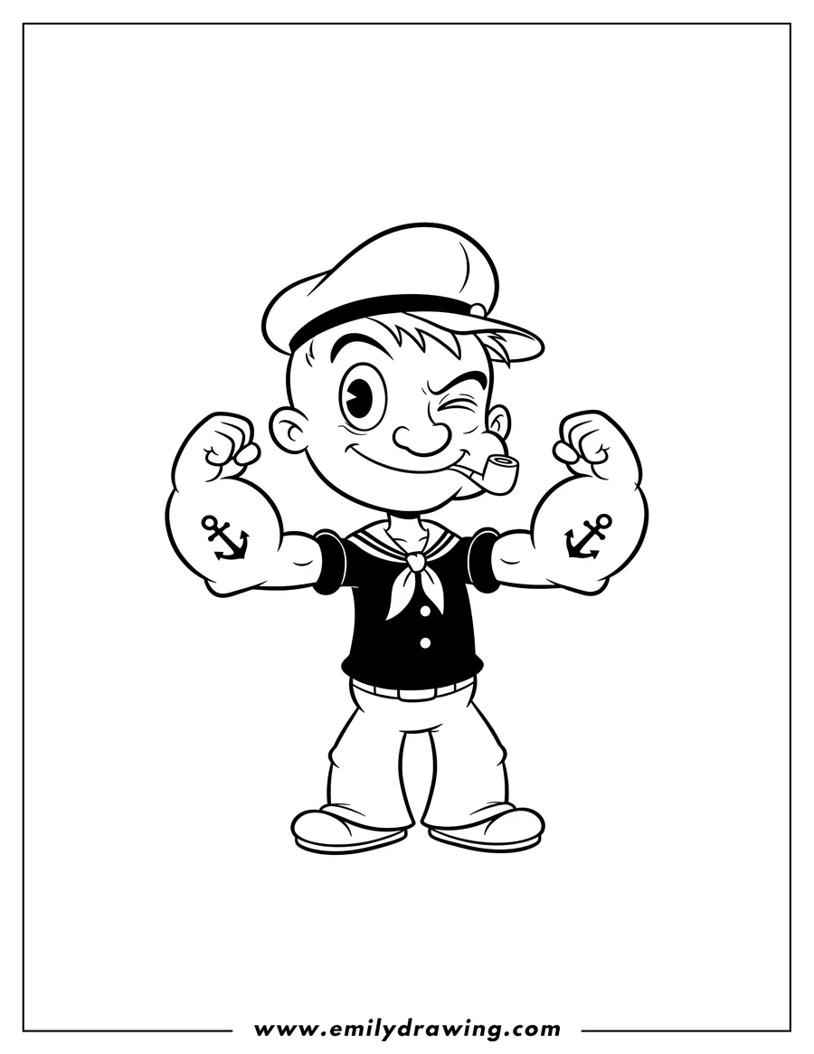 Linear illustration of cute Chibi Popeye Preschoolers winking, holding a pipe, and flexing his arms