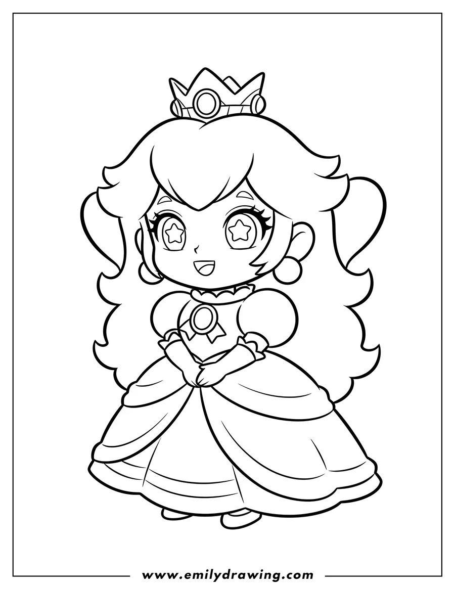 Clean line drawing: cute chibi Princess Peach smiling