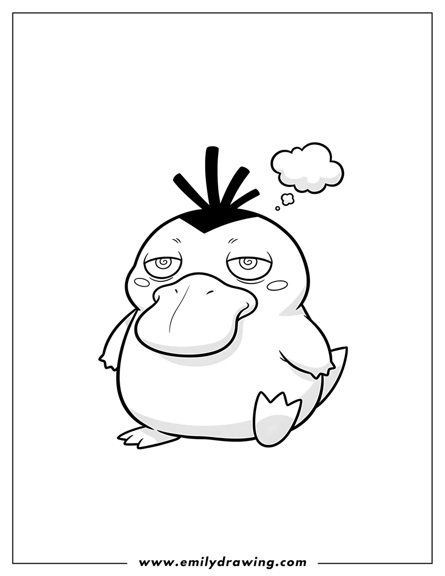 Outline drawing of cute Chibi Psyduck with a dazed expression