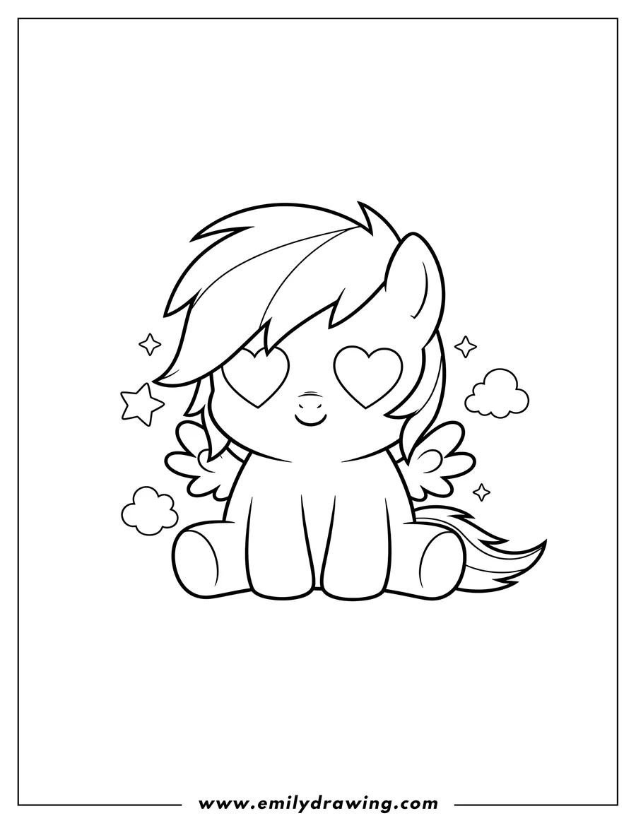Coloring page for kids: cute Chibi Rainbow Dash With Heart Eyes Preschoolers, sitting with small wings and sparkles