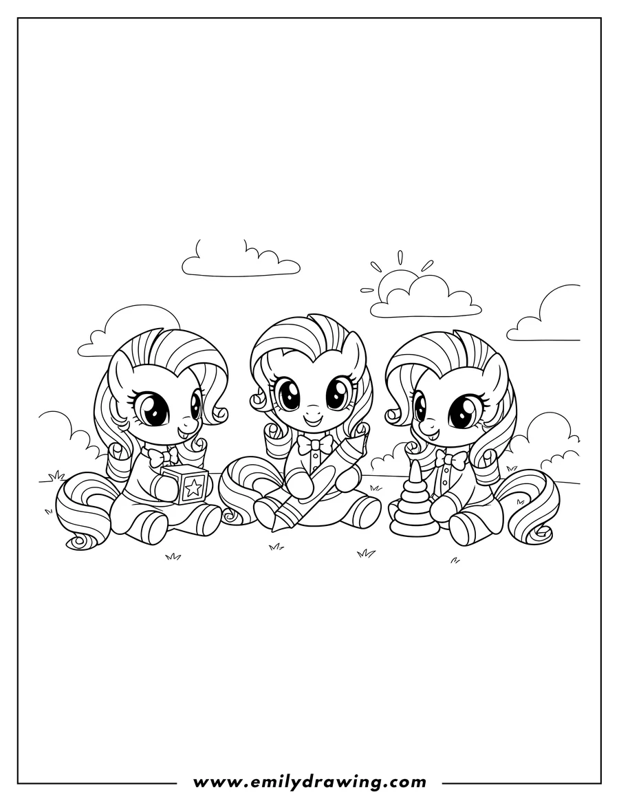 PDF style coloring page: cute Chibi Rarity Preschoolers sitting with curly mane and tail