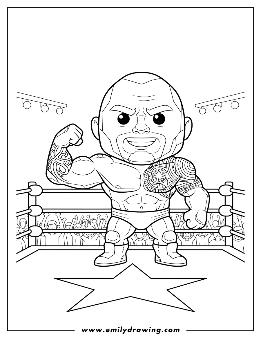 Coloring sheet featuring cute Chibi Rock with a raised eyebrow, posing in a wrestling ring