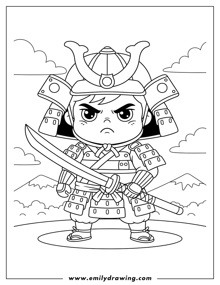 Vector style outline of cute Chibi Samurai Frowning Preschoolers, holding a katana