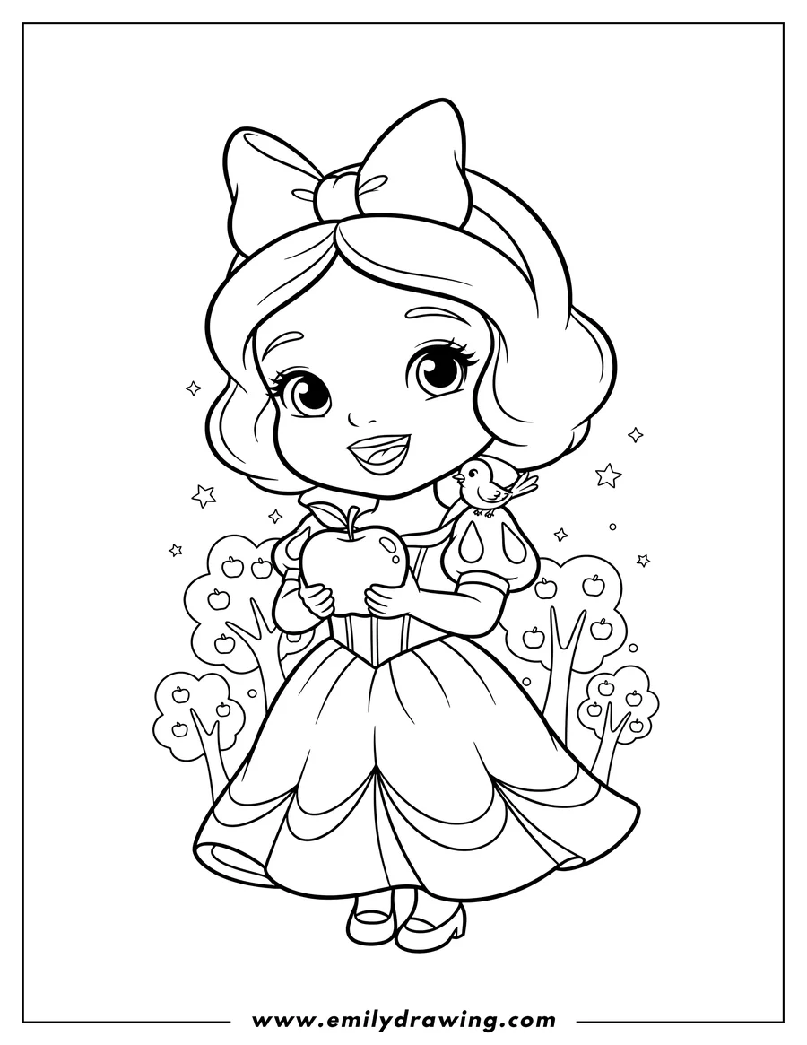 Coloring page for kids: cute Chibi Snow White Holding Up An Apple, smiling, wearing a bow in her hair
