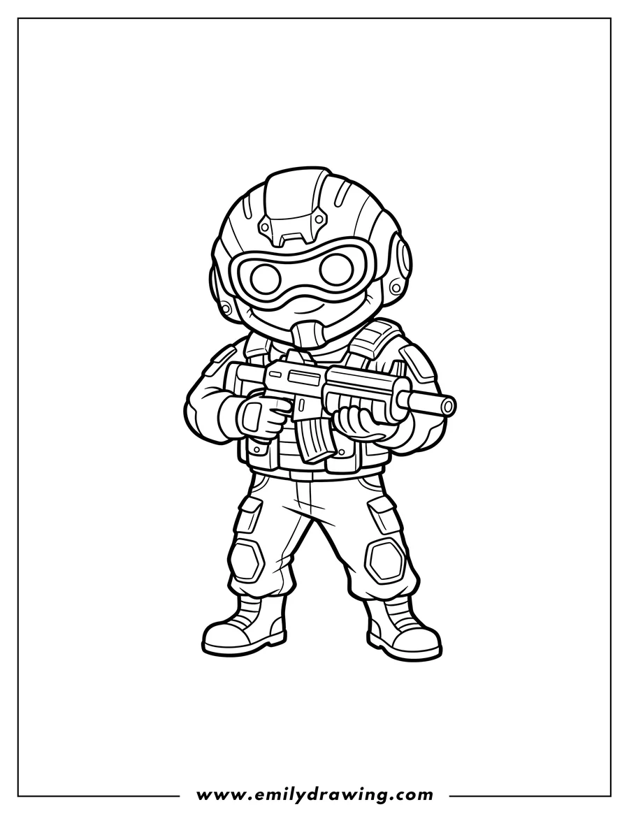 PDF style coloring page: call Duty soldier wearing a helmet and holding a rifle