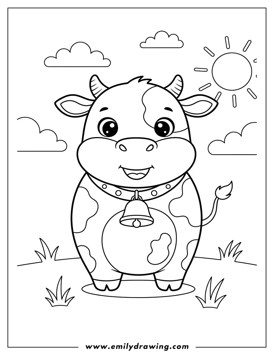 Outline drawing of cute Chibi Spotted Cow with a Bell Collar, Smiling, in a Field, for Preschoolers