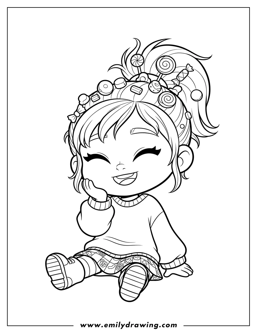 Doodle style coloring picture of cute Chibi Vanellope Preschoolers sitting and smiling with a hand to her face