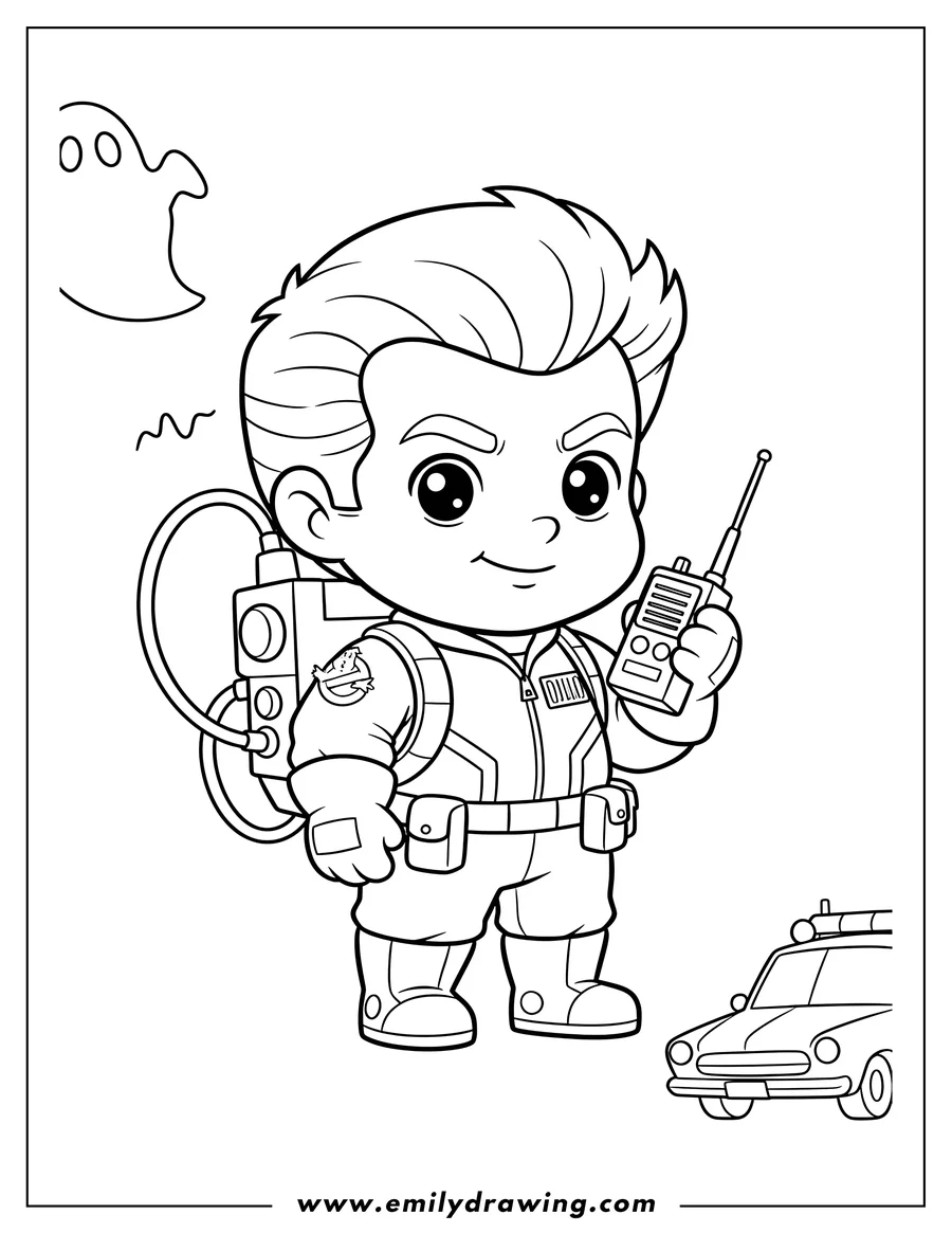 Printable coloring page of cute Chibi Venkman in a Ghostbusters uniform holding a walkie-talkie