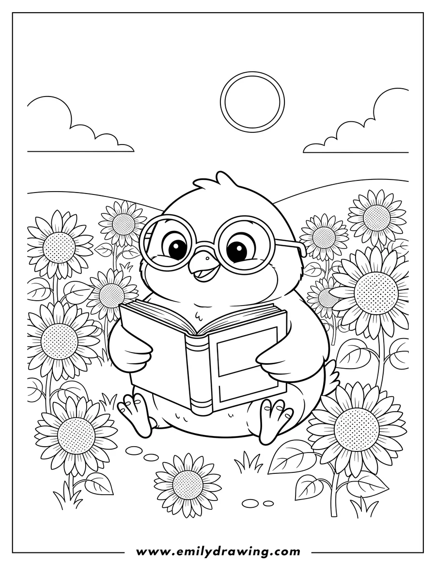 Black and white line art of cute Chick wearing glasses reading a book in a sunflower field