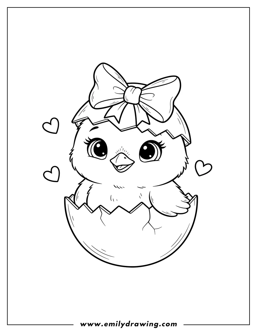 Black and white line art of cute Chick with a bow and hearts, hatching from an Easter egg, for preschoolers