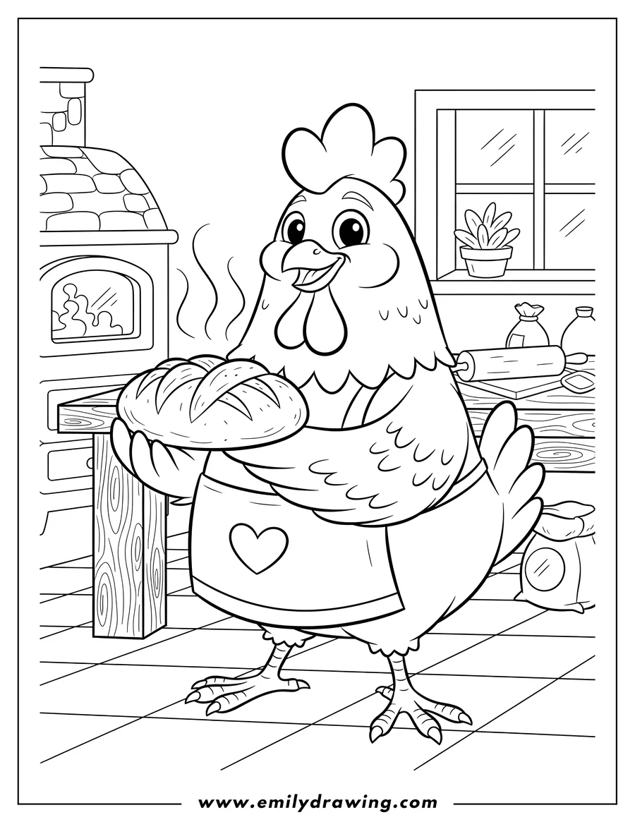 Free to print drawing of cute chicken showing off a freshly baked loaf of bread in a farmhouse kitchen