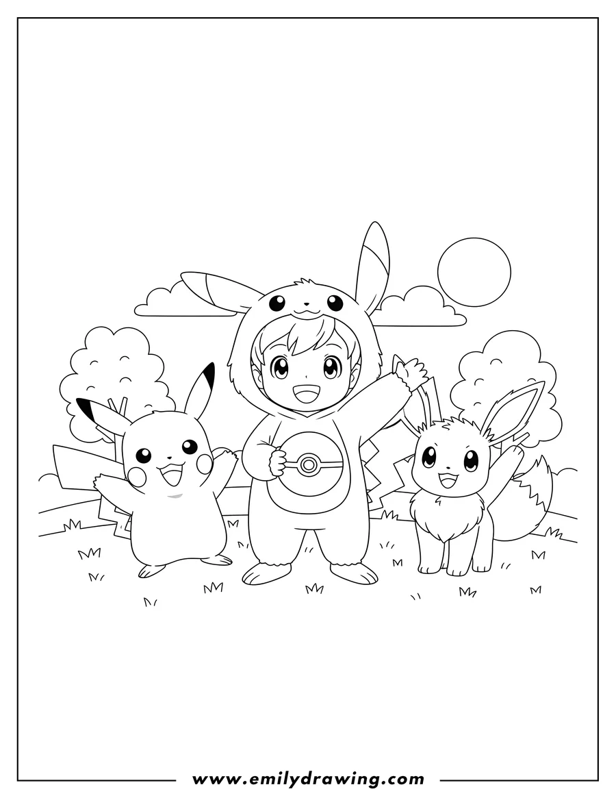 Full page coloring image of cute child Pokemon trainer in a Pikachu costume holding a Pokรฉ Ball, standing with a waving Pikachu and Eevee