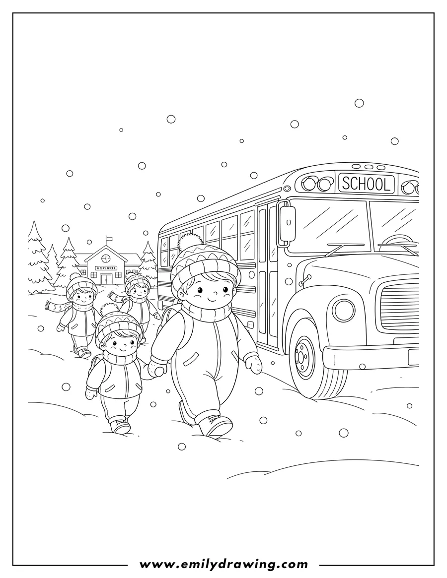 Black and white line art of cute children in winter clothes walking in falling snow towards a school bus