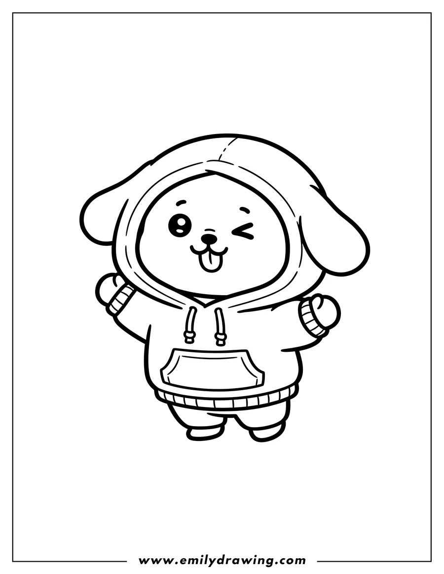 Downloadable coloring page of cute Chimmy wearing a hoodie with tongue out