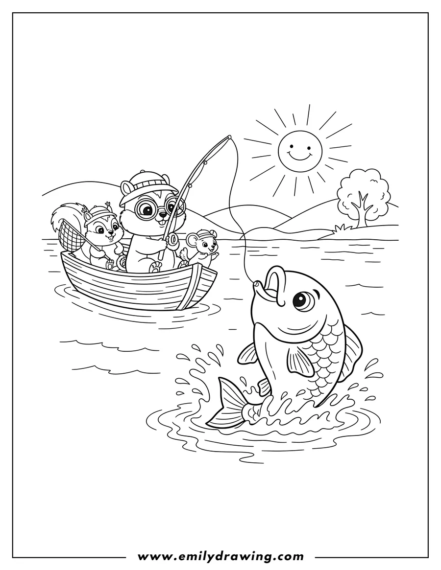 Free to print drawing of A cute chipmunk wearing a hat and glasses fishing with friends in a boat, catching a large jumping fish