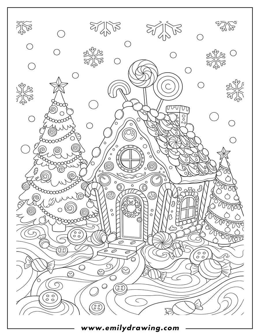 Clean line drawing: christmas Candy Land with a gingerbread house, decorated trees, and falling snow