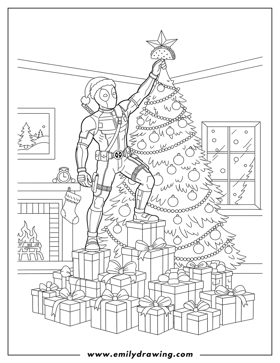 Free to print drawing of christmas Themed Deadpool placing a star on a Christmas tree, standing on presents