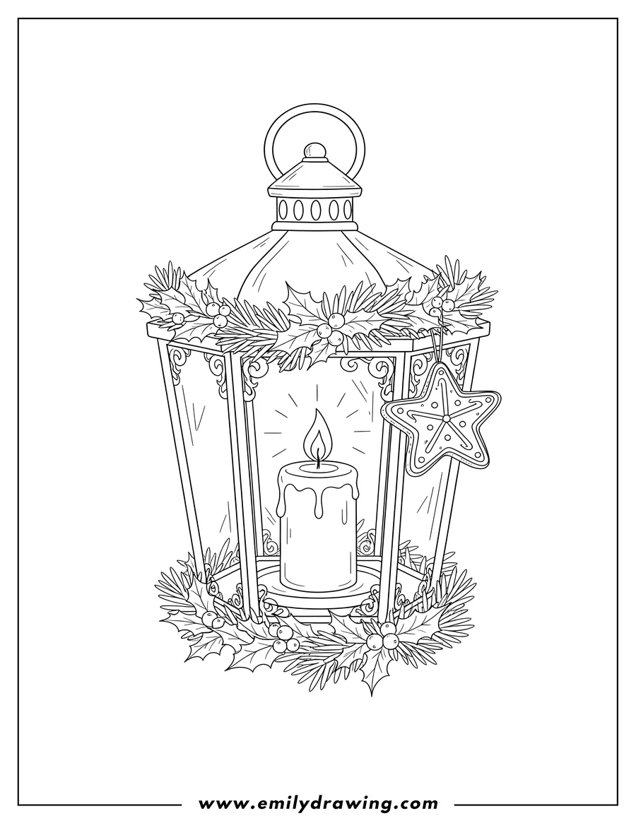 Free printable coloring sheet of christmas Lantern with a lit candle, festive greenery, and a star cookie