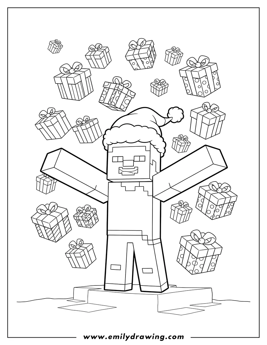 High quality printable christmas Minecraft Steve wearing a Santa hat with outstretched arms, and many pixelated gifts falling around him for coloring