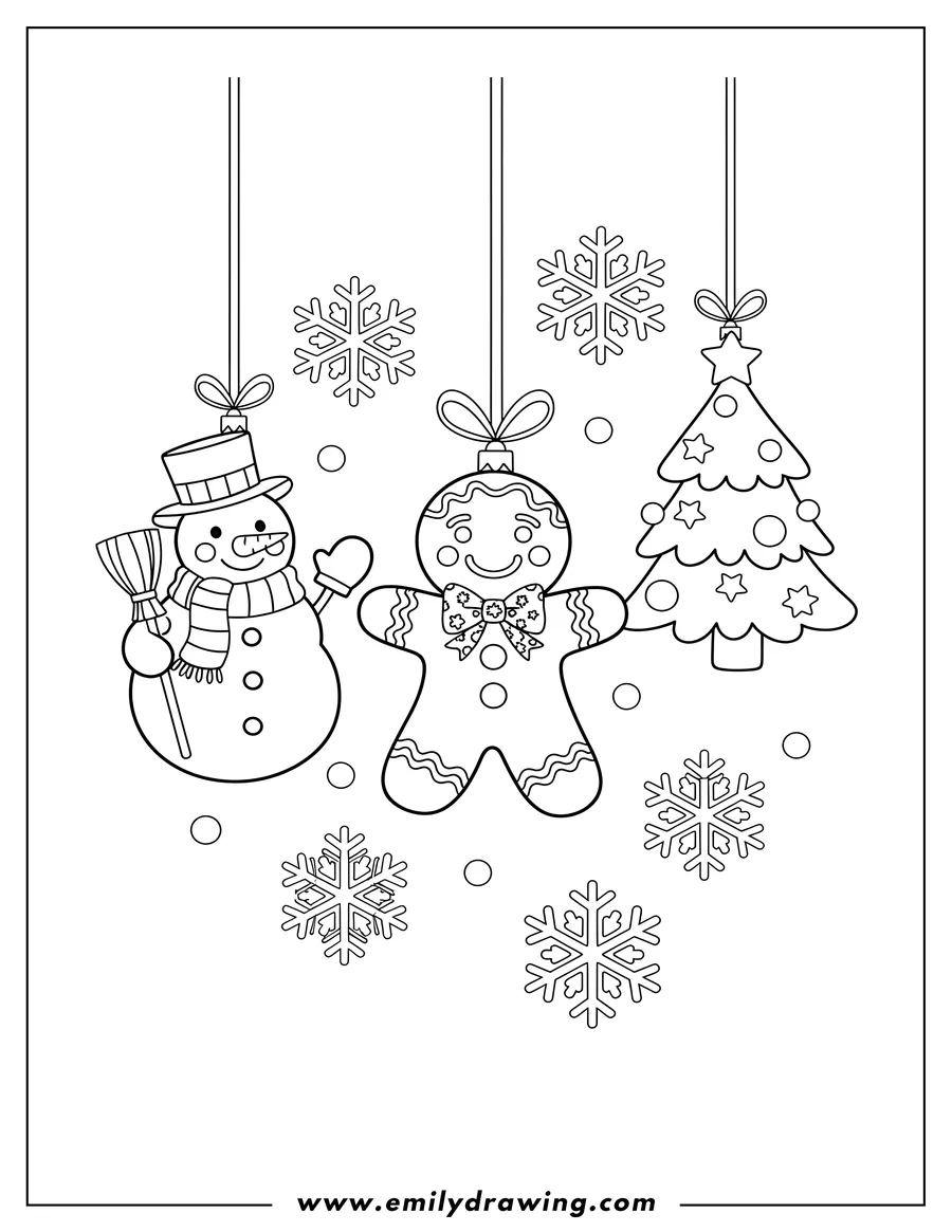 Downloadable coloring page of cute Christmas Ornaments including a gingerbread man, snowman, and Christmas tree, with snowflakes