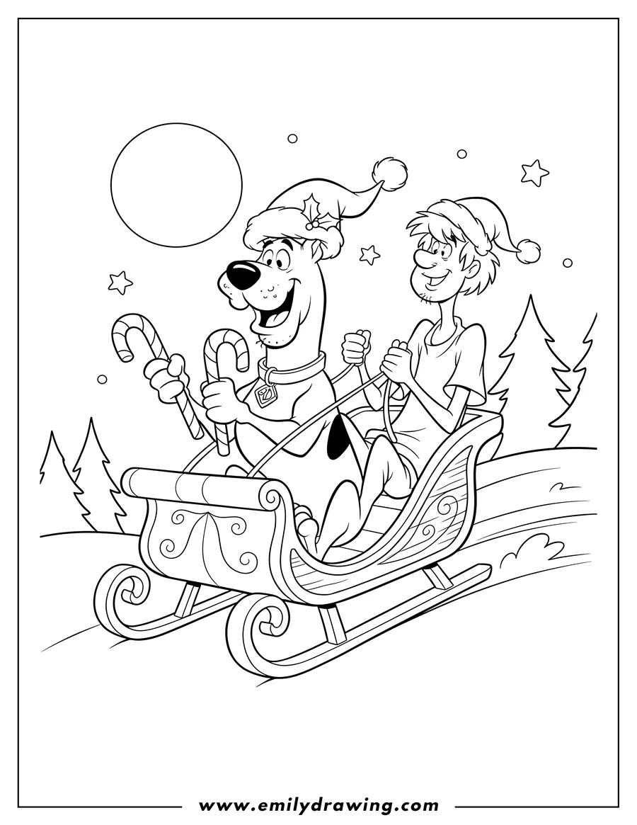 Outline drawing of christmas Themed Scooby Doo in a Santa hat, holding candy canes, riding in a sleigh with Shaggy