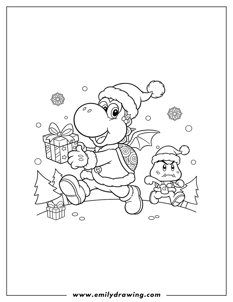 Black and white line art of christmas Themed Yoshi Dragon Scaled running, with a present and a Goomba in a Santa hat