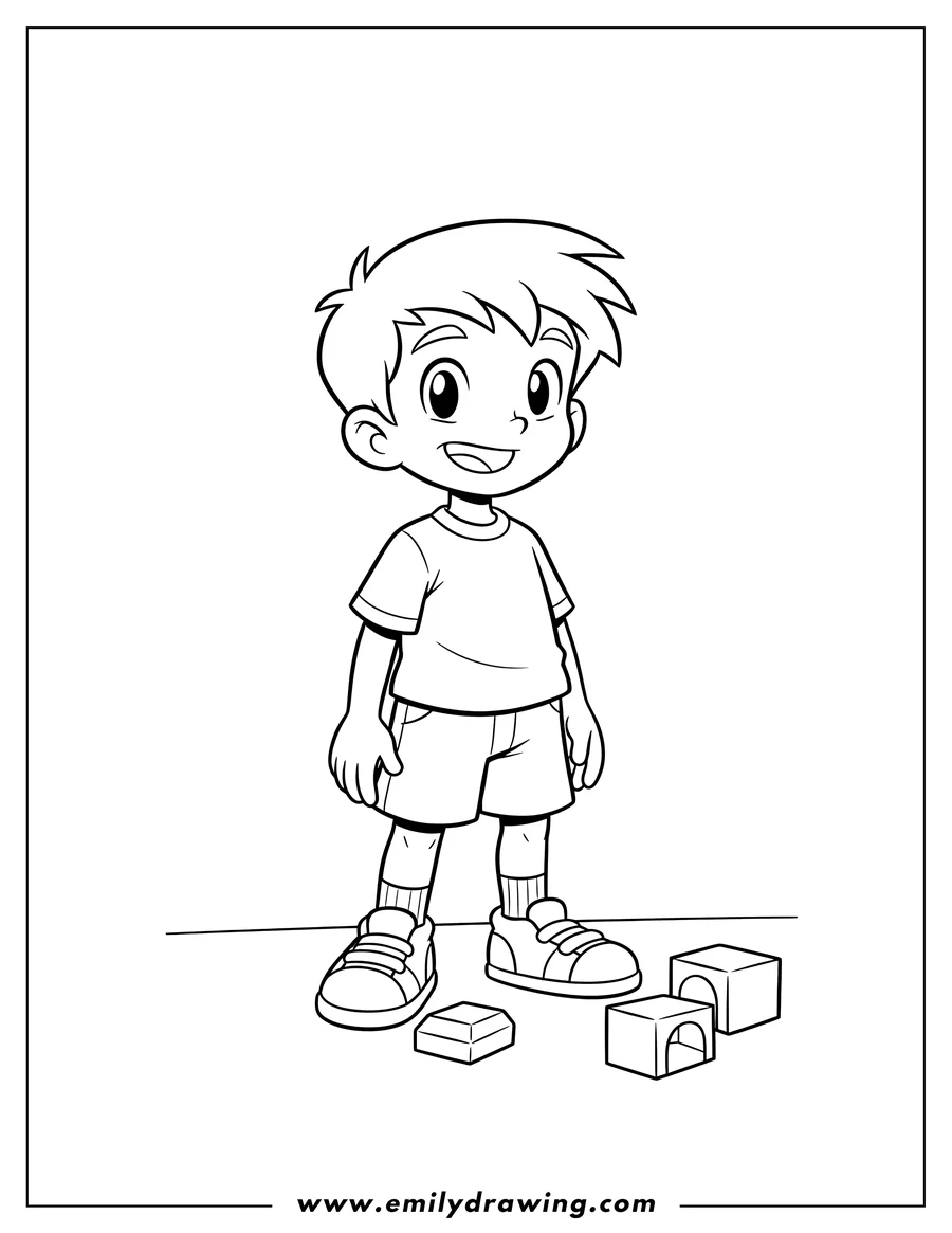 Coloring sheet featuring christopher Thorndyke, a preschooler, standing and smiling