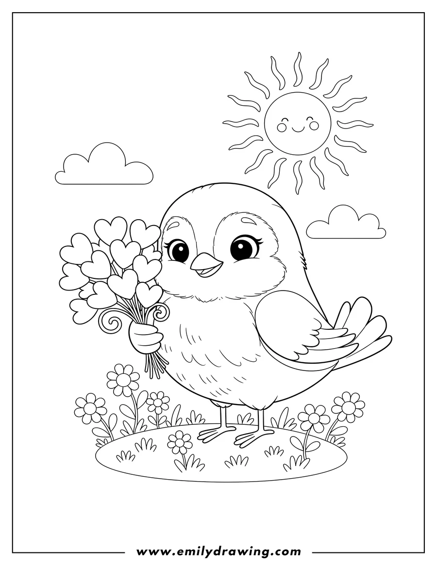 Clean line drawing: cute Chubby Robin Holding Heart Flower Garden With Sunny Sky Preschoolers
