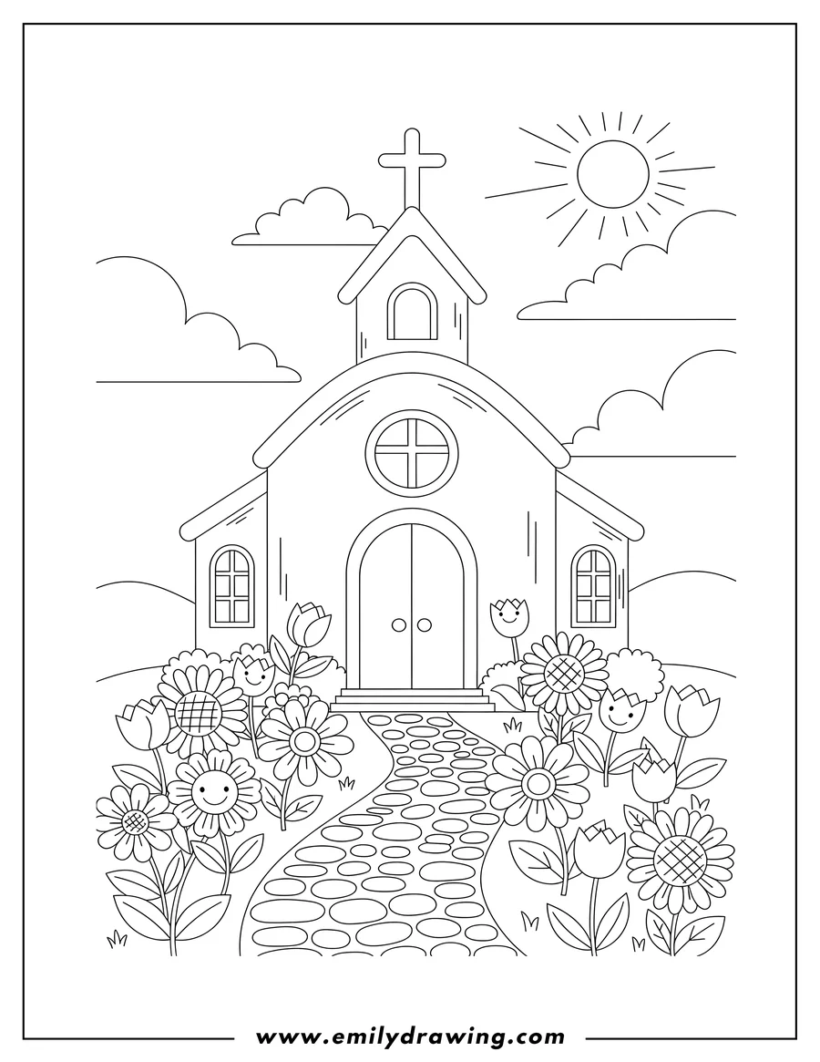 Outline drawing of cute Church with a cross on top, a path, and flowers in front