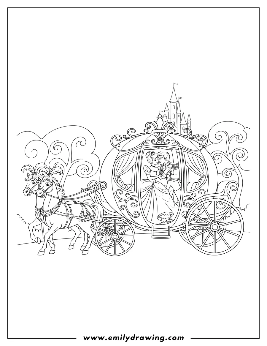 Coloring page for kids: cinderella and Prince Charming kissing in a royal carriage