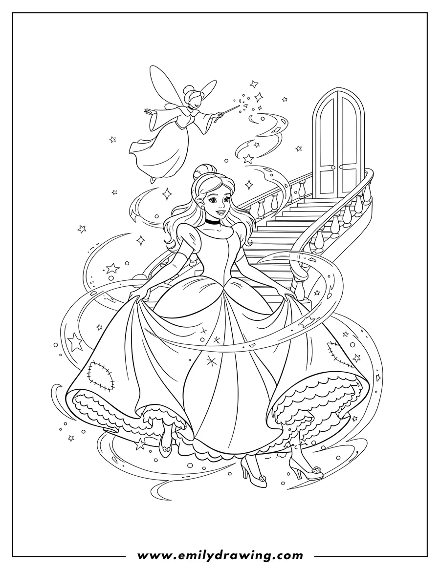 Clean line drawing: cinderella Transforming To Princess Scaled, with magic flowing around her dress