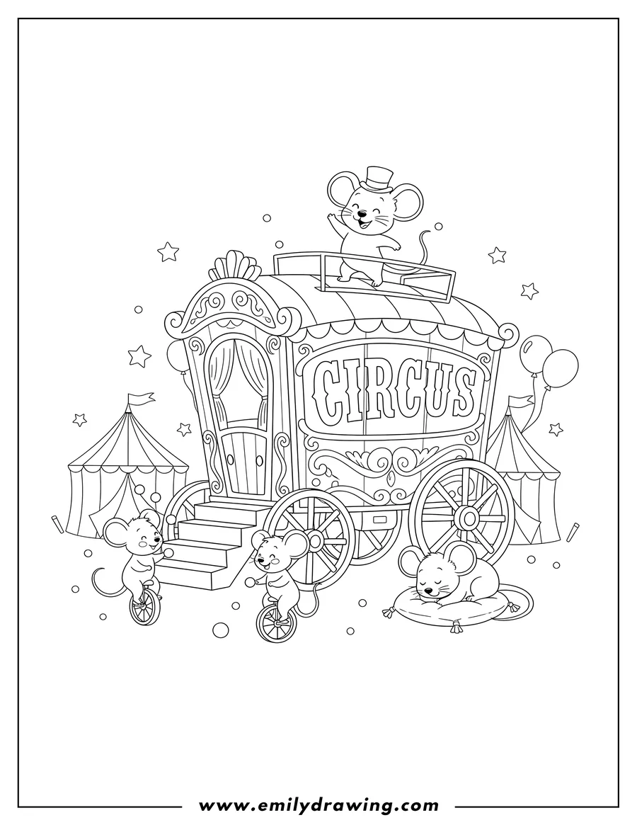 Full page coloring image of cute circus wagon with 'CIRCUS' text, with a mouse on the wagon and others playing and sleeping