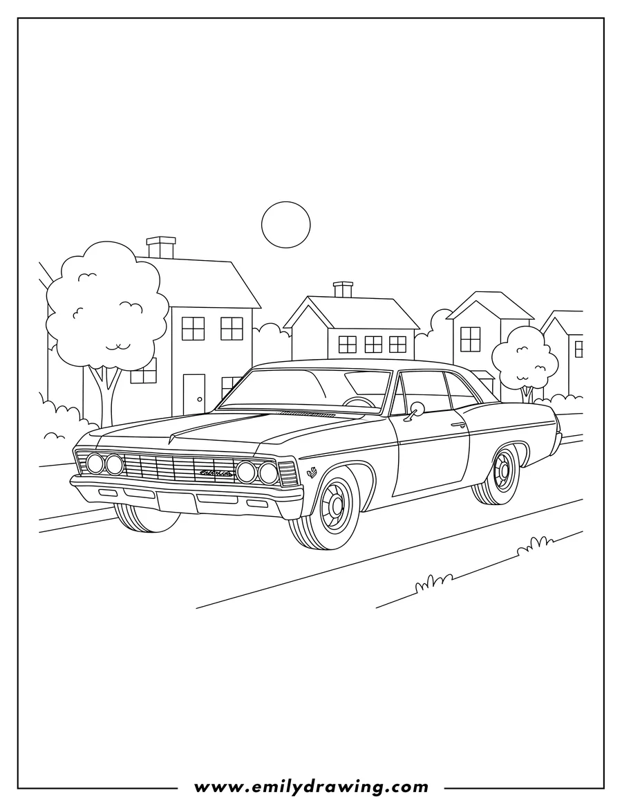 Coloring page for kids: classic 1967 Chevrolet Impala Sport on a street